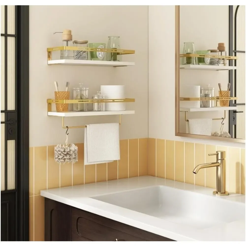 YGEOMER Floating Shelves White Gold Bathroom Wall Shelf w/ Towel Bar
